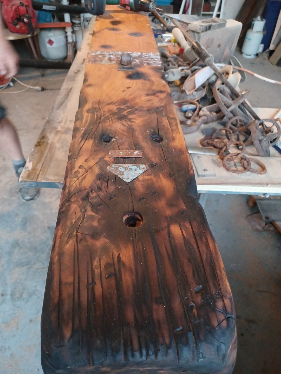 Rustic, reclaimed Macrocarpa side table